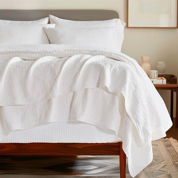 EVERGRACEHOME Cotton Coverlet Set Full Queen Size 3 Pieces, Lightweight Soft Ribbed Matelassé Bedspread Quilt Set, Cozy Oversized Quilted Bedding Set with 2 Pillow Shams for All Seasons, Ivory White | Ribbed Matelassé, Cotton Shell, Soft, Lightweight, Oversized, Oeko-Tex Certified