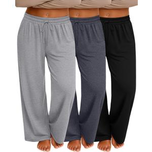 Neer 3 Pack Women's Plus Size Pants with Pockets Ladies Yoga Wide Leg High Waist Drawstring Sweatpants Elastic Lounge Pants (Black, Dark Gray, Light Gray, 3X-Large)