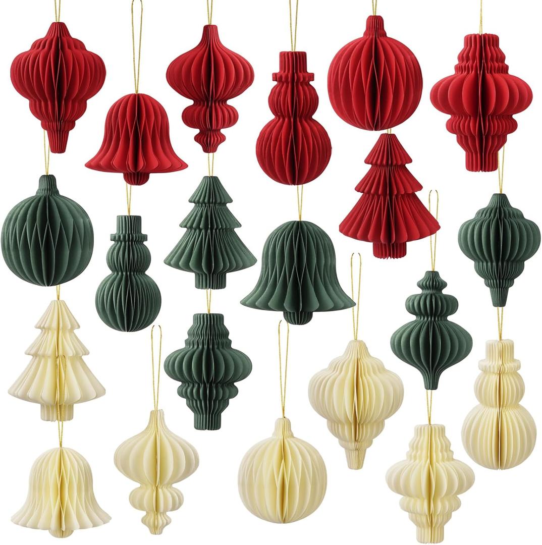 21 Pcs Christmas Party Decorations Paper Honeycomb Ornaments Green Red Pearl Hanging Dcor for Xmas Tree Bells Balls Lanterns Ceiling Wall Home Decor