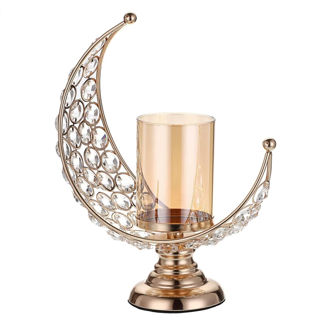 OwnMy Moon Shaped Crystal Pillar Candle Holder Tealight Holder with Glass Cover, Metal Crystal Moon Pillar Candle Stand Votive Candlestick Candle Lamp for Dining Table Centerpiece Wedding (Gold)
