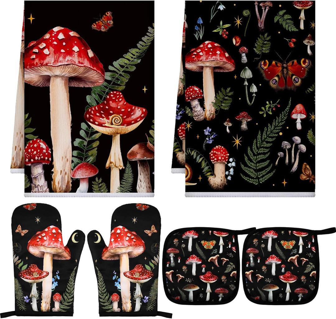 Bencailor 6 Pcs Mushroom Kitchen Towels Oven Mitts and Pot Holders Set Decorative Dish Towels Tea Washcloth Non Slip Heat Resistant Oven Gloves for Summer Home Cooking Baking, Red