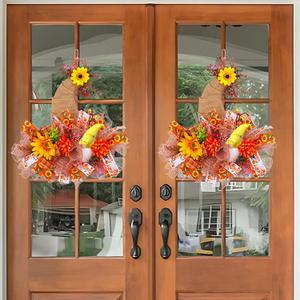 Thanksgiving Day Wreath for Front Door Fall Wreath with Sunflower Cute Doll Burlap Hat Gnome Pumpkin Pendant for Welcome Autumn and Harvest Festival