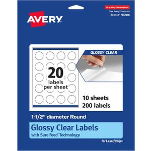 Avery Glossy Clear Round Labels with Sure Feed, 1.5" Diameter, 200 Glossy Clear Labels, Print-to-The-Edge, Laser/Inkjet Printable