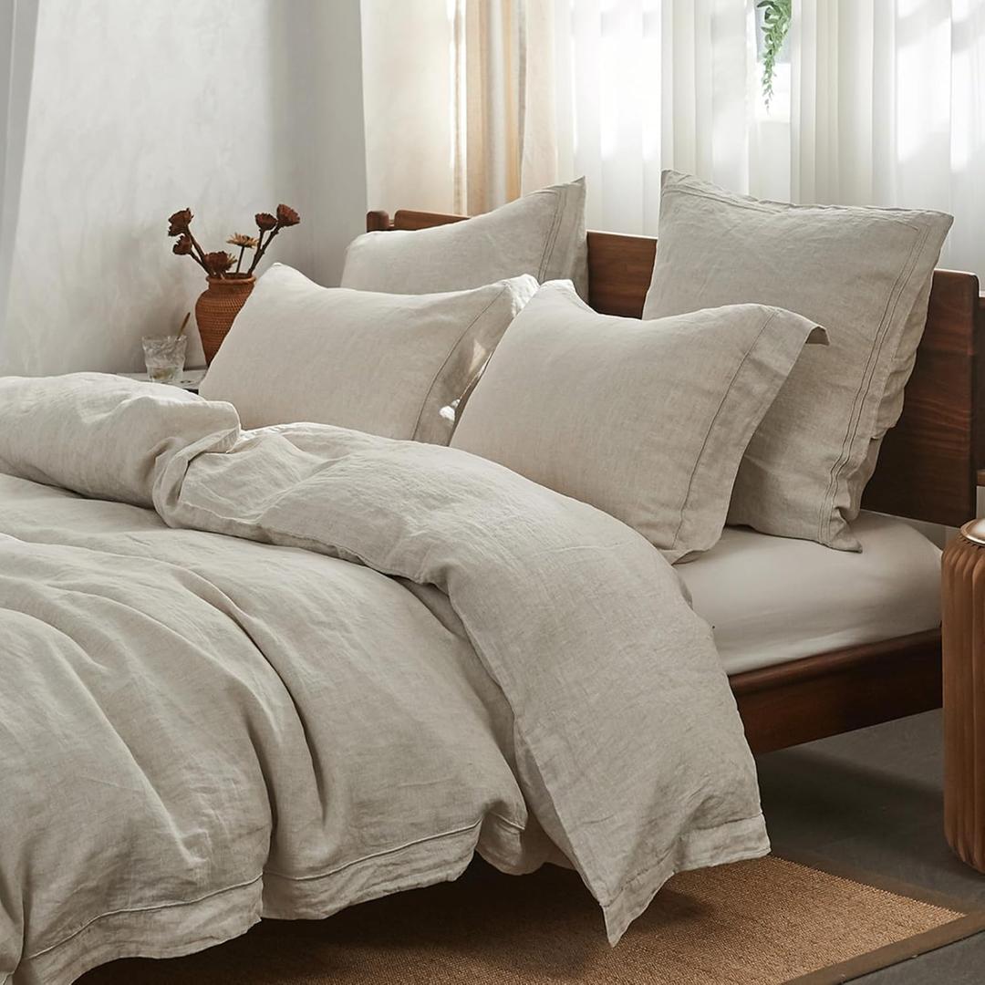 Simple&Opulence 100% Washed Linen Duvet Cover Set with Embroidered,3 Pieces Soft Farmhouse Comforter Set with Button Closure,1 Duvet Cover and 2 Pillowshams (King, Natural Linen)
