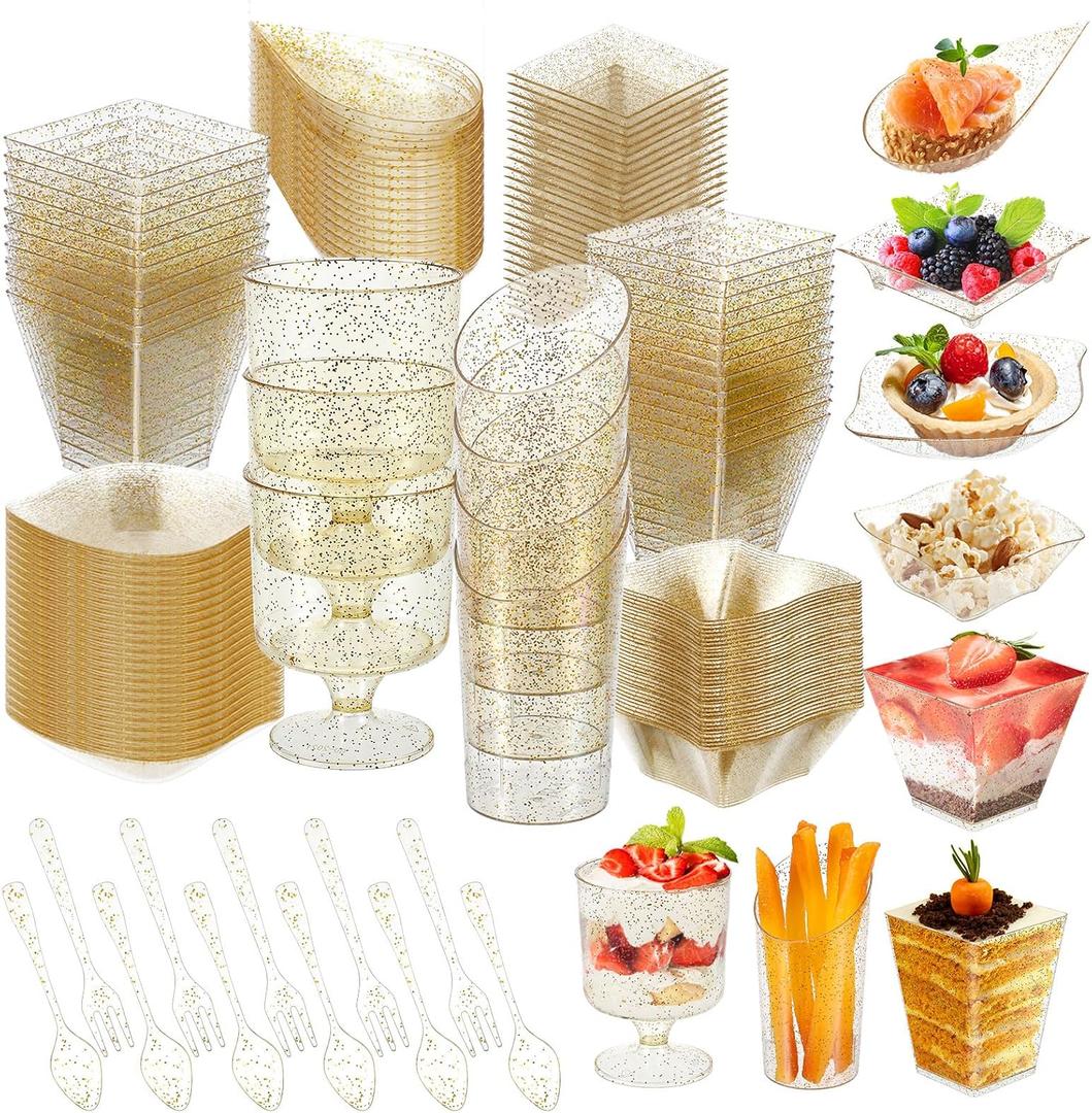 80 Pcs Mini Appetizer Plates Dessert Cups Spoons Forks Set Dessert Containers Assorted Shape Plastic Parfait Cups Disposable Spoon Forks for Party Serving (Gold)