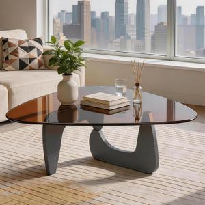 Triangle Glass Coffee Table, Smoked Tempered Glass Top with Black Sculptural Base, Mid Century Modern Center Table for Living Room, 42.5 Inch, 42.5"L × 28.5" D× 15.8"H