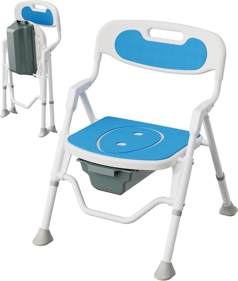 Foldable Shower Chair with Commode for Seniors, 400 lb, Blue | Bath chair and Bedside Commode Use, 11L Bucket, 5 Height Levels, 5.9 in Fold, Aluminum Frame