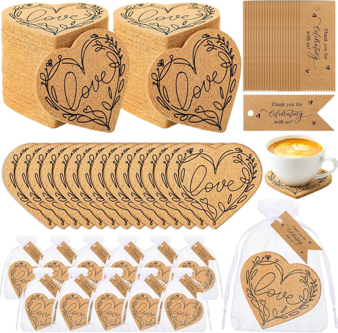 30 Sets Bridal Shower Favors for Guests Include Love Heart Cork Coasters Absorbent Cork Coasterthank You Cards and Organza Bags Baby Shower Favor Wedding Souvenirs for Guests