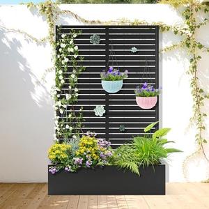 Metal Raised Garden Bed with Trellis, 2 in 1 Trellis with Planter Box & Privacy Screen for Climbing Plants, Vine, Outdoor Standing Flower Beds with Drainage Holes, 47" L x 17" W x 71" H, Black