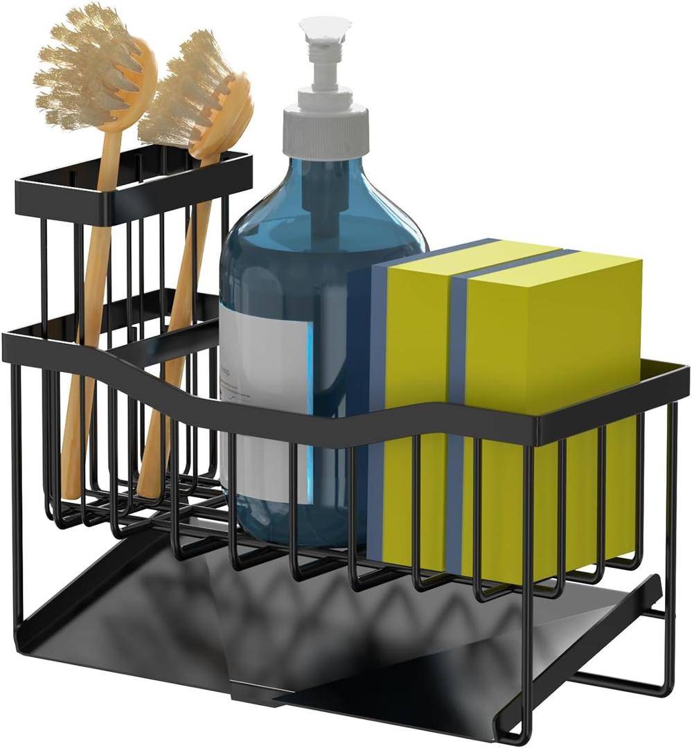Sink Caddy Sponge Holder for Kitchen with Brush Holder and Stainless Steel Self Drain Tray, Rustproof Kitchen Sink Organizer for Sponge, Soap Dispenser Storage Accessories
