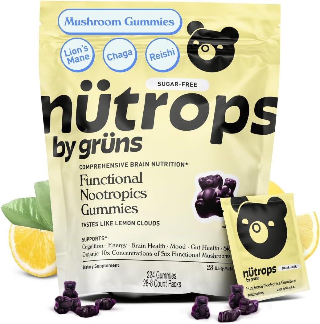 Nutrops Sugar-Free Lions Mane Mushroom Gummies for Adults, Functional Nootropics, Herbal Brain Supplement for Energy, Brain Health, Cognitive, Memory & Focus, Reishi, Chaga, Cordyceps - 28 Day Supply Best By: 12/2026