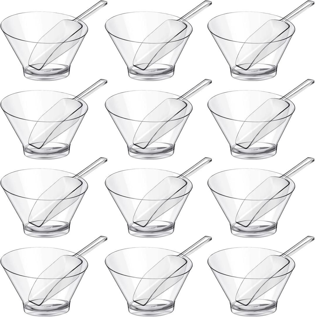 Sawysine 24 Pcs Plastic Clear Serving Bowls with Kitchen Plastic Scoops Salad Serving Bowls Popcorn Scoops Angled Candy Container for Salad Cooking Parties, 210 ml