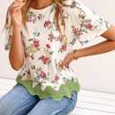 LOLONG Womens Short Sleeve Printed Tops Summer 2026 Crew Neck Color Block Casual Blouses (L)