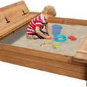 BIRASIL Wood Sandbox with 2 Bench Seats, Sand Boxes with Lid for Kids, Sand Pit with Cover for Outdoor Backyard Patio, 48 Inch