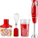 OVENTE Immersion Hand Blender, 300W Electric Handheld Portable Stick Mixer Set with 2 Mixing Speed, Stainless Steel Blades, Egg Whisk Attachment, Mixing Beaker and BPA-Free Food Chopper, Red HS565R