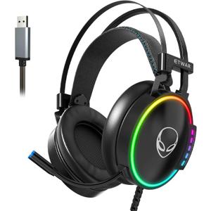 ETWAR EG100 USB Wired Gaming Headset for PC, 7.1 Surround Sound, Computer Headphones with Microphone/Mic Noise Cancelling, Video Gaming, RGB Flowing Light - for PS4, PS5,Laptop