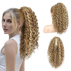 REECHO Ponytail Extension, Curly Claw Clip Ponytail Hair Extension Synthetic Clip in Pony Tails Cheer Ponytail Hair Piece for Dance Sports Daily, Medium Blonde with Blonde Highlights