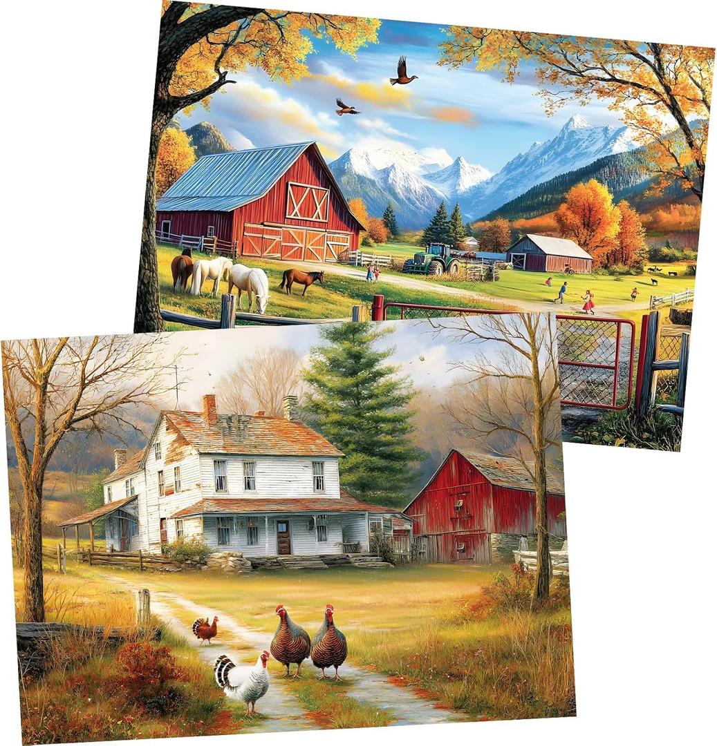 2 Pack 300 Pieces Puzzle for Adults,Autumn Puzzle Farm Jigsaw Puzzles 300 Pieces for Adults Kids Seniors Countryside Jigsaw Puzzle Premium Cardboard Puzzles for Tabletop Family Activity Gift