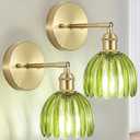 Hardwired Wall Sconces Set of Two, Vintage Wall Lights with Green Tulip Glass Lampshade, Gold Wall Lamps for Bedroom Bedside Stairway Bathroom Living Room (Bulbs Not Included, Not Battery Powered) (1-Light 2Pack)