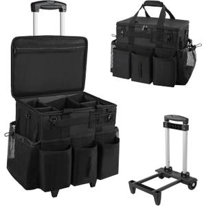 SCAVATA Rolling Cleaning Caddy Bag with Detachable Trolley, Large Cleaning Supplies Organizer with Wheels, Multi Pocket Cleaning Cart with Adjustable Shoulder Strap for Housekeepers & Home Use, Black