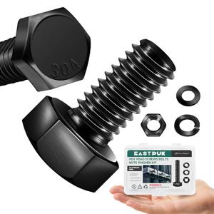 3/8-16 x 3/4" Hex Head Bolts Screws with Nuts, Flat & Lock Washers, 304 Stainless Steel Bolts and Nuts External Hex Drive Black Oxided 3/8 Bolt (10Sets)
