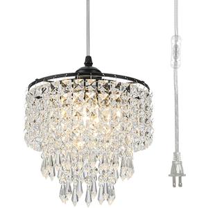 8" Chandelier Plug in Crystal Chandelier Pendant Light Plug in with 16.4ft Cord Hanging Lights 3-Tier Crystal Raindrop Chandeliers for Bedroom Kitchen Island Hallway Bathroom Closet (Black)
