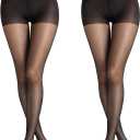 PIOGOWE 2Pack Sheer Tights for Women, 20D Legs, 40D Reinforced Top, Run-Resistant Knit, High-Stretch Waist, Reinforced Toes (XL)