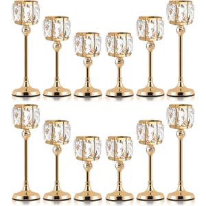 Set of 3 Cup Crystal Tealight Candle Holders, Centerpieces for Table Wedding Centerpieces Crystal Decorative Tealight Candle Dining Table Candle Holder Decor for Party (Set of 12 (3 Sizes), Gold)