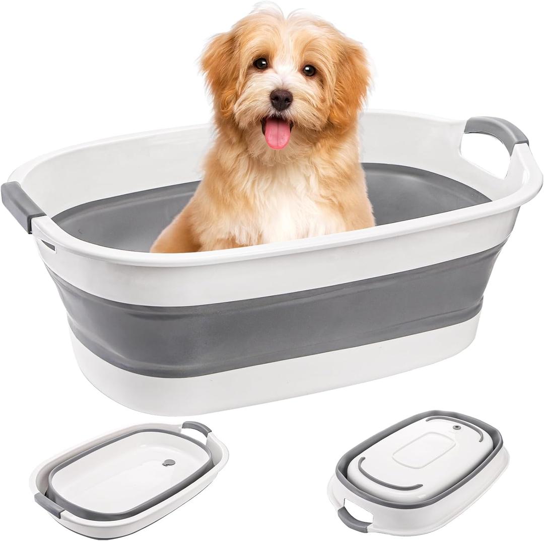Coloch Collapsible Pet Bathtub with Water Drain Plug, Plastic Dog Bath Tub with Handle Portable Puppy Bathing Tub Space Saving Laundry Basket for Puppy, Small Dog, Cat, BPA Free, Grey