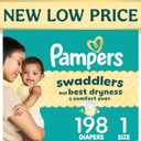 Pampers Swaddlers Diapers, Size 1 (8-14 lbs), 198 Count, Hypoallergenic, Absorbent, Keeps Baby Dry and Comfortable, Skin Safe Disposable Newborn Baby Diaper