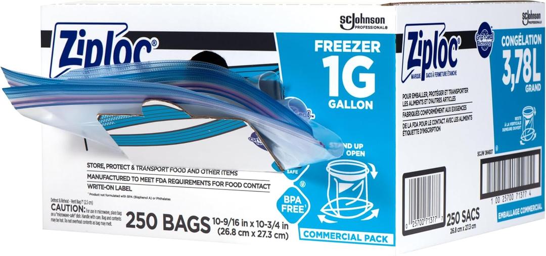 Ziploc Freezer And Storage Bags, 1 Gallon, Box Of 250 Bags
