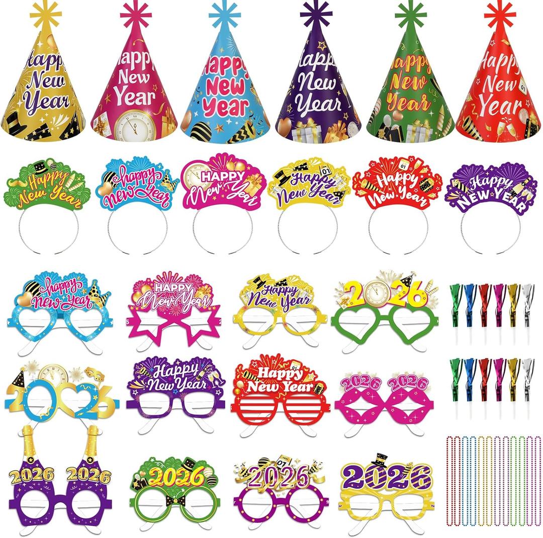 HOWAF New Years Eve Party Supplies 2026, 48 Pieces Colorful New Years Eve Hats Happy New Year Headband 2026 Glasses Party Blowouts and Necklace NYE Party Supplies New Years Eve Accessories Kit
