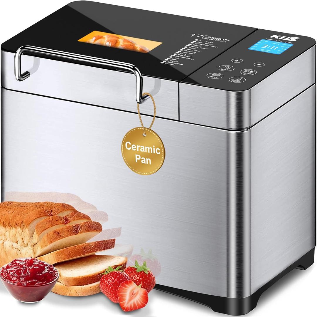 KBS Pro 710W 2LB Bread Maker, Stainless Steel 17-in-1 Smart Bread Machine with Healthy Ceramic Pan, Automatic Nut Dispenser, Tempered Glass Touch Panel, 3 Crust Colors, 15H Timer& Keep-Warm, Recipes