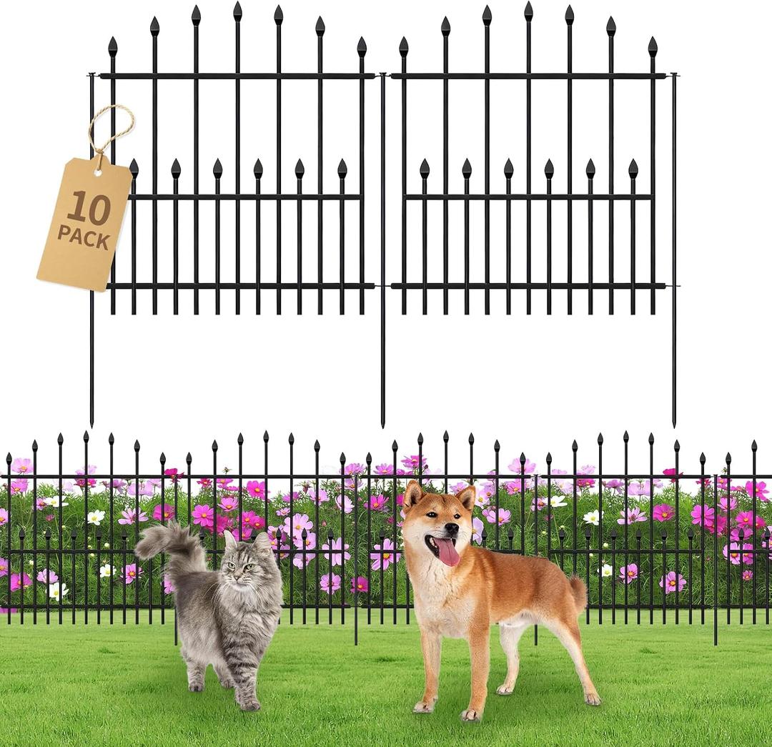 Decorative Garden Fence - 26in(H) x 24.16Ft(L) Heavy Duty Metal Animal Barrier Border Fencing No Dig Rustproof for Rabbit Dog, Outdoor Decor for Yard & Patio Flower Bed (10 Panels + 11 Stakes)