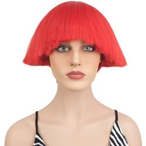 Wiginway Bowl Cut Costume Wig, Mushroom Cut Wigs for Male Women, Short Yaki Straight Fluffy Wigs, Red