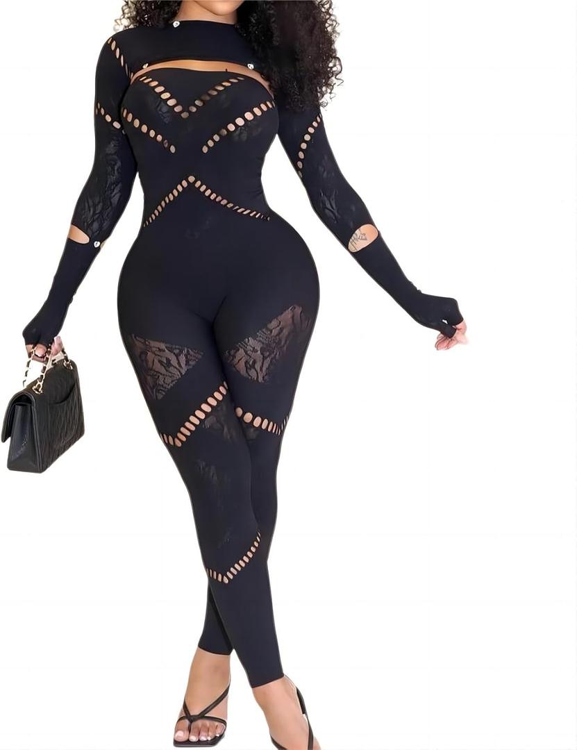 Sexy Womens Club Outfits, Black Jumpsuit For Women Sexy, Nude Sexy Jumpsuit (Large)