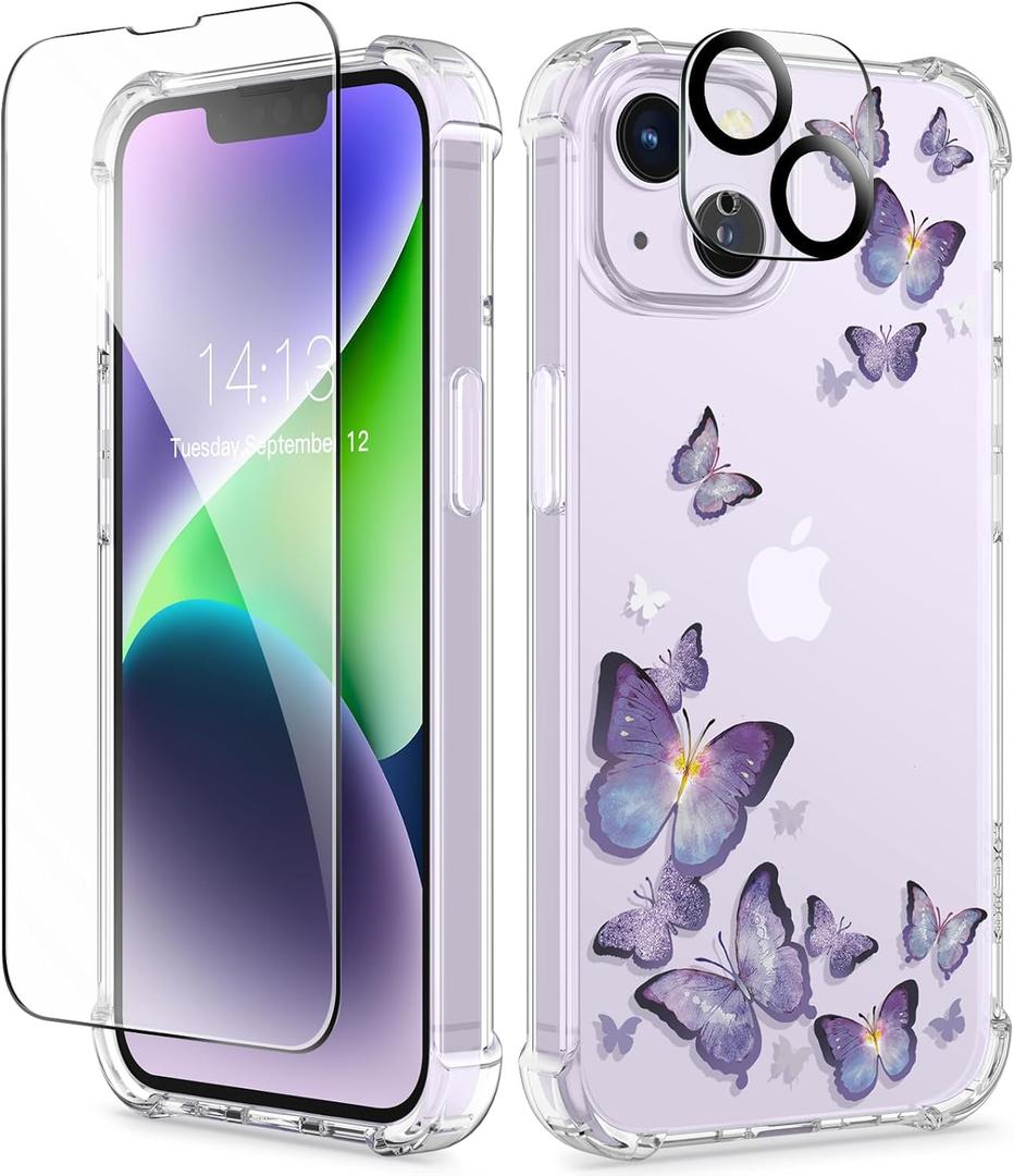 GVIEWIN for iPhone 14 Case Floral, with Screen Protector&Camera Lens Protector, [Non Yellowing]Soft Shockproof Clear Phone Protective Cover Women, Flower Pattern Design 6.1"(Alluring Butterfly/Purple)
