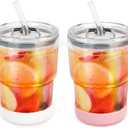 13 oz Glass Water Tumbler with Straw and Lid, 2 Pack Glass Water Cup With Silicone Bumper, Sealed Carry-On Thick Wall Drinking Cups for Iced Coffee, Iced Tea, Fruit Juice (Aurora-White,Pink)