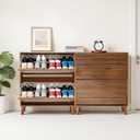 Narrow Shoe Storage Cabinet for Entryway 31.5'' Hidden Shoe Rack Cabinet with 2 Flip Drawers, Wood Slim Shoes Organizer with Wood Stripes for Hallway, Living Room (Walnut)