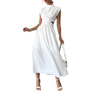 Milumia Women's Mock Neck Cut Out Dress Cap Sleeve Long Flowy Going Out Maxi Dresses with Pockets (Medium, White)