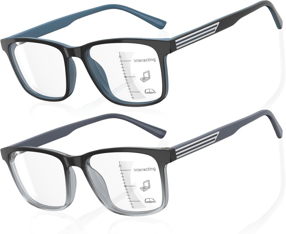 DEHOTRE 2 Pack Progressive Multifocus Reading Glasses Men Unbreakable TR90 Frame Temple Large Size Readers with Metal Inlays