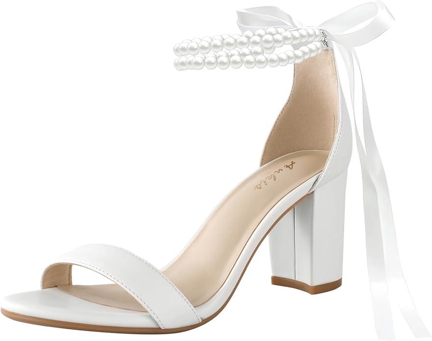 Ankis White Heels Wedding Shoes for Bride Women Chunky Heels Pearl Bow Heeled Sandals 2.75 Inch 8.5
