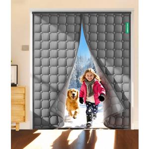 AEOCOO Thicken Wide Thermal Insulated Door Curtain, Fit Size up to 72 x 80 Inches, Magnetic Door Screen Curtain Filled with Thick Cotton for Winter, Sliding Glass/Patio/French/Front/Back, Grey, Square