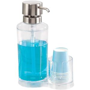 iDesign Mouthwash Dispenser Pump with Attached Paper Cup Holder Caddy, The Clarity Collection 6.25 x 3.5 x 9.25, Clear
