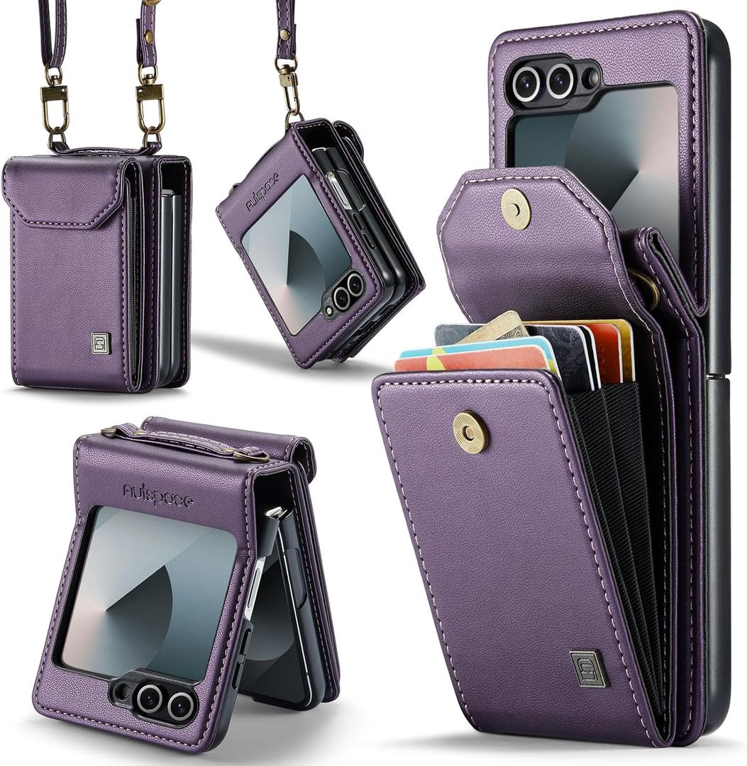 ASAPDOS Crossbody Case Compatible with Samsung Galaxy Z Flip 6/Z Flip 7 FE,Retro PU Leather Strap Wristlet Flip Case with Magnetic Closure and Card Holder for Men Women Purple