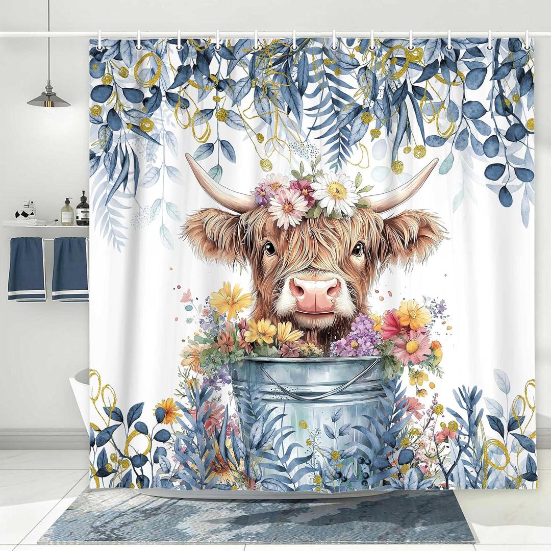 Blue Shower Curtain, Watercolor Plant Eucalyptus Leaves with Floral Farmhouse Highland Cow Bath Curtain, Funny Animals Bathroom Accessories Botanical for Bathroom Curtain Set with Hooks, 72X72in (Multi3)
