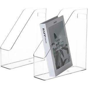 Voittozege 2 Pack Clear Acrylic Magazine File Holder Plastic Desk Organizer with Handle, Acrylic Vertical File Folder Bin Storage File Folders Magazine Rack Document Storage Organizer for Home Office (white)