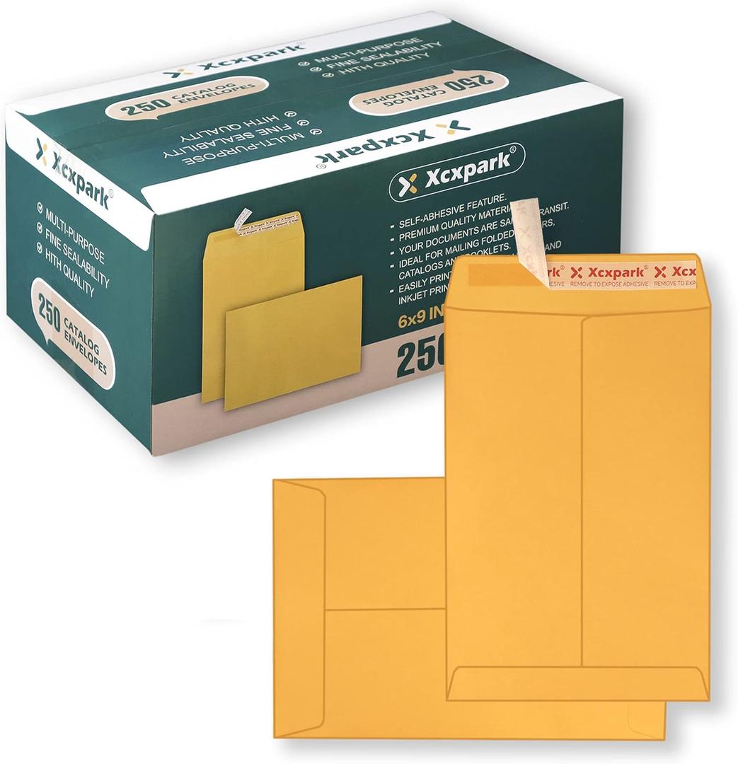 Xxcxpark 250 PCS 6x9 inches Security Catalog Envelopes Printable Self Seal Envelopes, Anti Tear brown Kraft Envelopes for Invitation Cards, Pictures, Photos, Documents