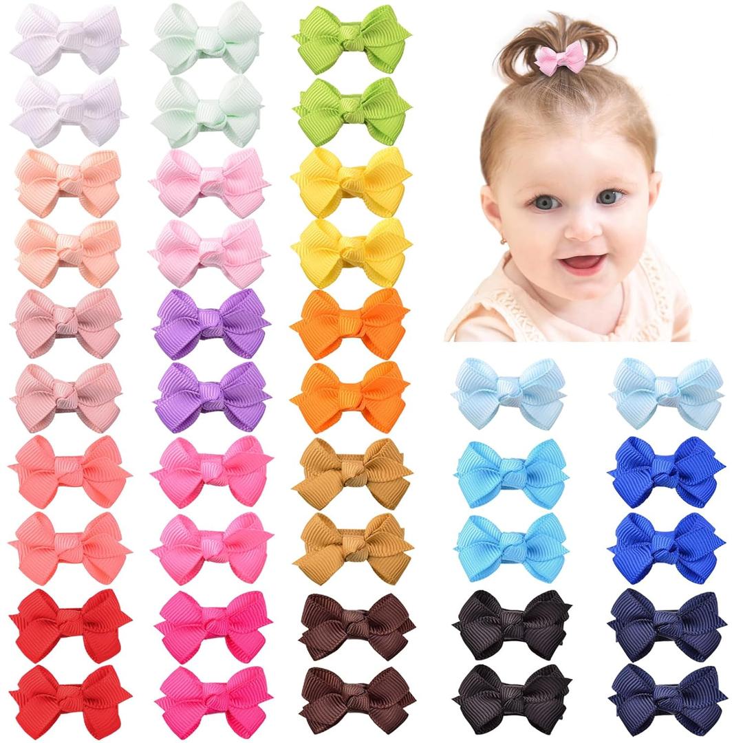 Mini Fully Lined Grosgrain Ribbon Hair Bows Clips for Baby Girls with Fine Hair - 40PCS (20 Color Pairs)