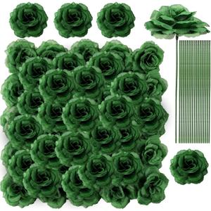 200 Pcs 3 Inch Artificial Flowers Fake Silk Rose Head Flower with Stem Emerald Flower Faux Rose and 6 Inch Stem for Wedding Bridal Bouquet Home Floral Decor DIY Centerpieces (Green)